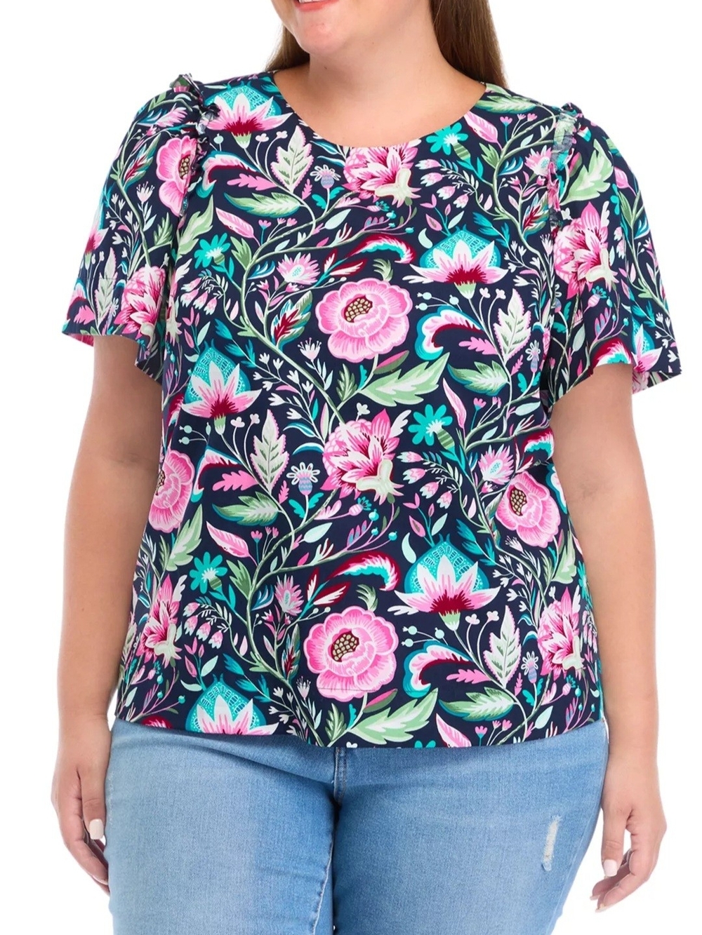 crown & ivy Navy Floral Short Sleeve Top with Pink & Teal Blooms